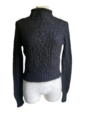 Ralph Lauren Black Cable Knit Turtleneck with Subtle Sequin Detail
